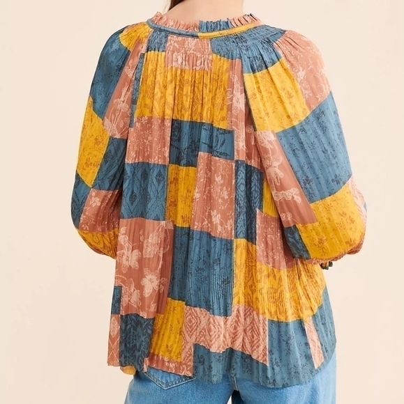 Anthropologie Current Air Patchwork Blouse Size Medium Yellow - Picture 2 of 11